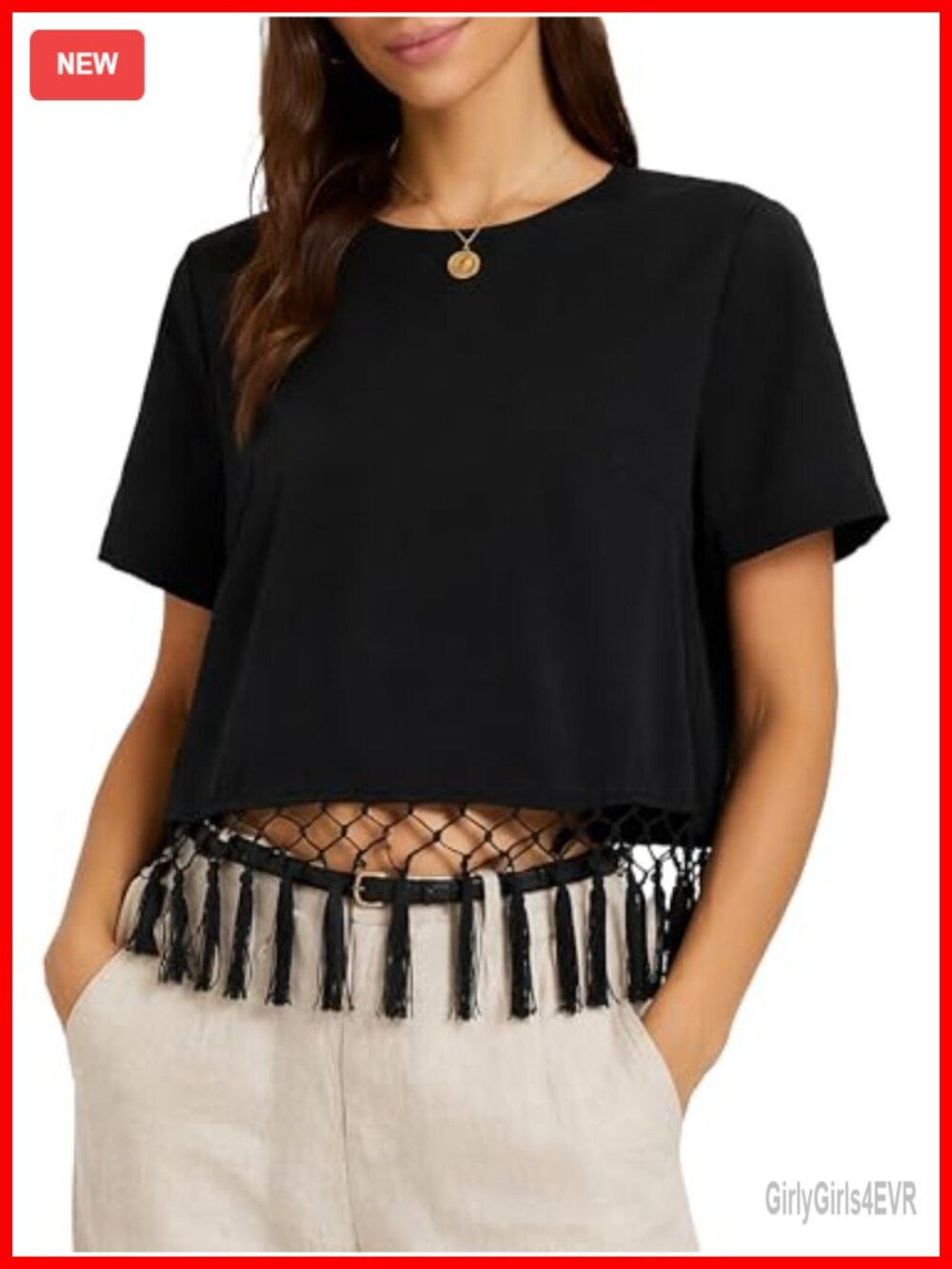 Women's Satin Silk Blouse Fringe Tassel Hem Crop Top Boho Short Sleeve